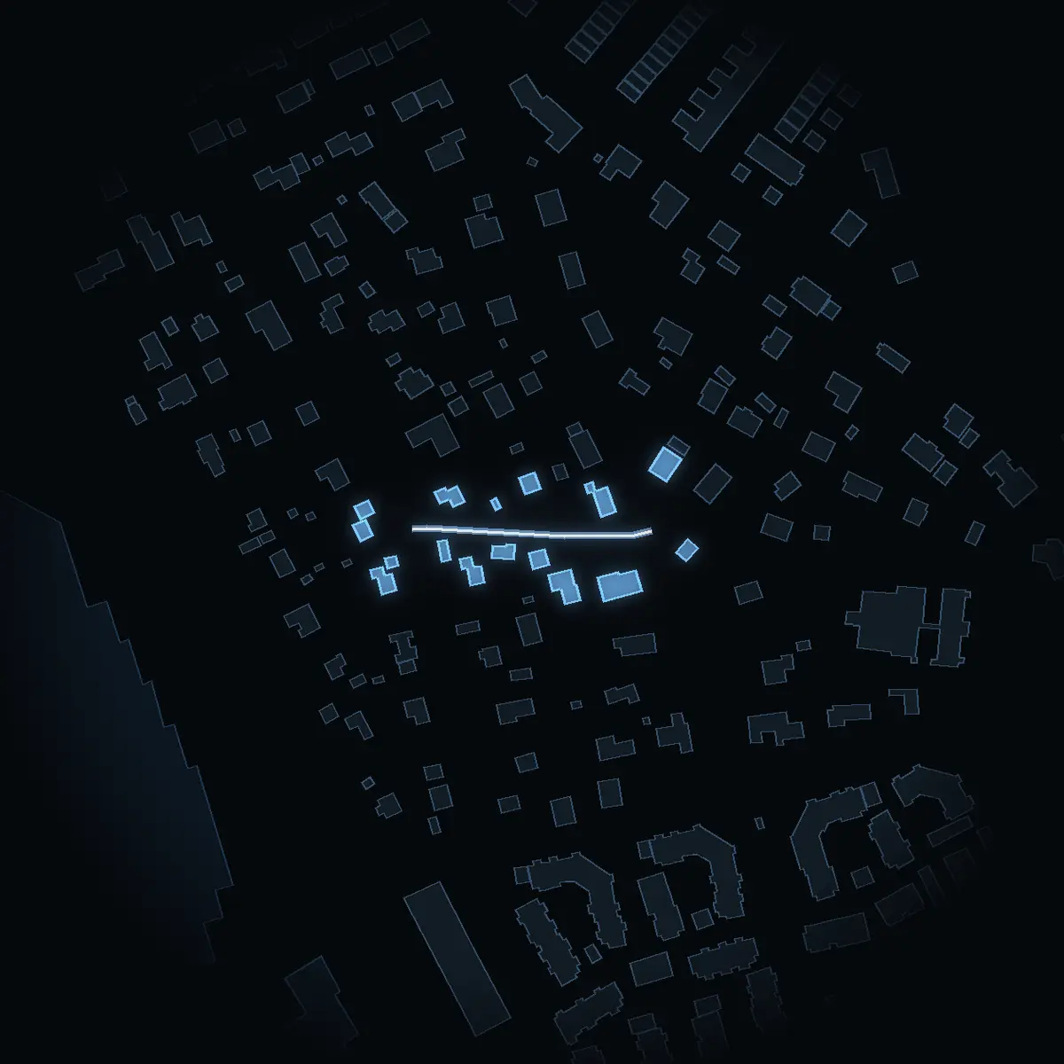 The street at night: Transformatorvägen drawn in white, its buildings lit in the colour of their area’s income