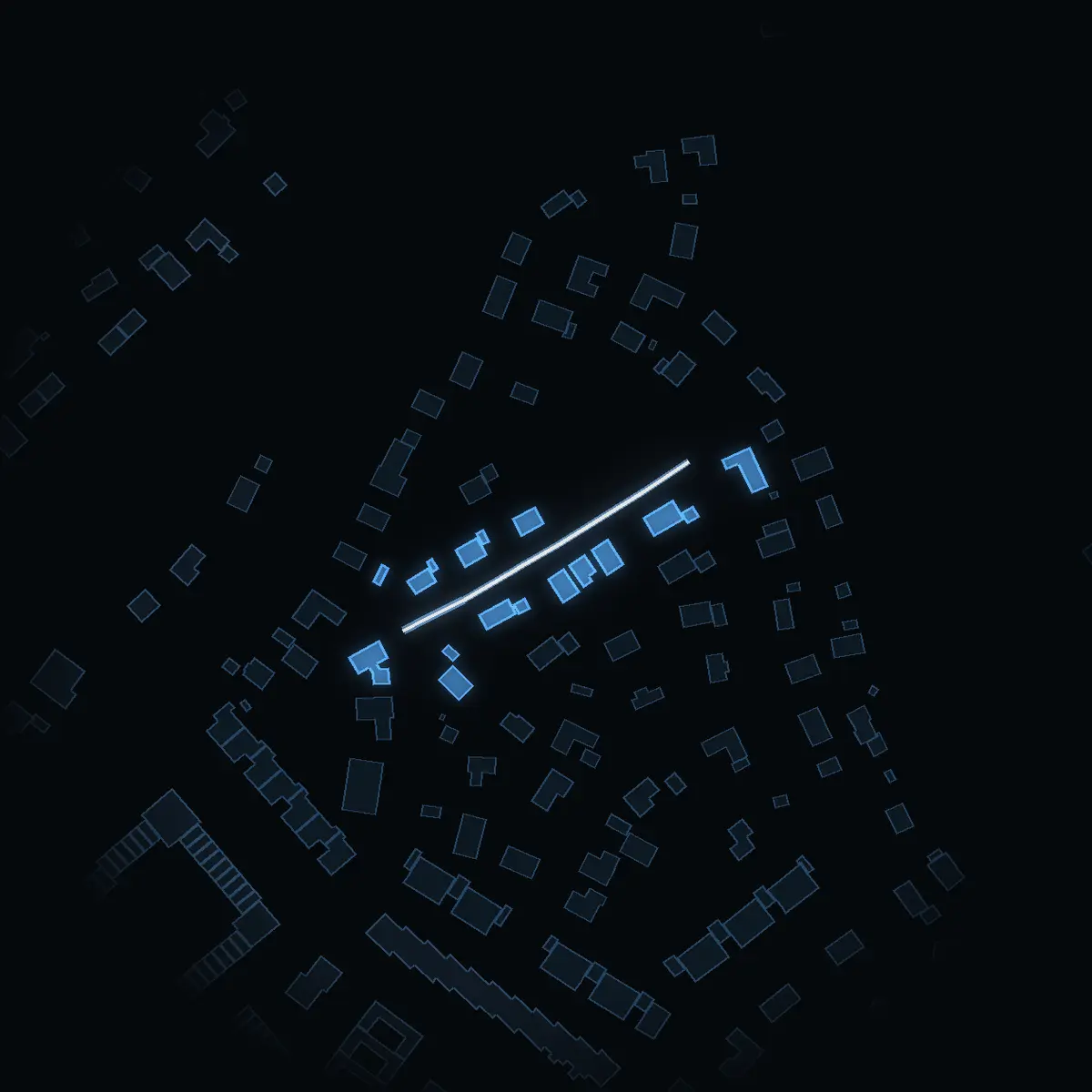 The street at night: Tulpanvägen drawn in white, its buildings lit in the colour of their area’s income