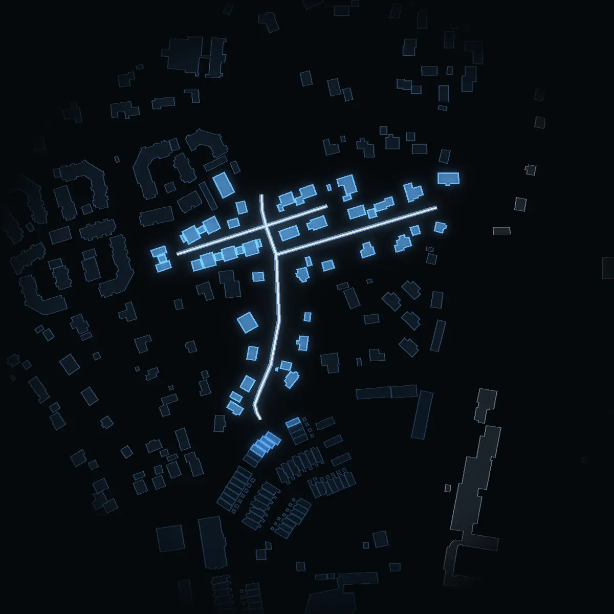 The street at night: Turevägen drawn in white, its buildings lit in the colour of their area’s income