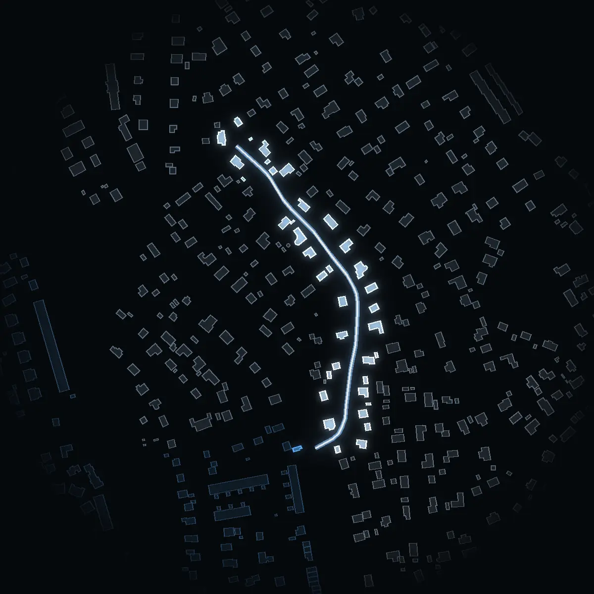 The street at night: Valkyrievägen drawn in white, its buildings lit in the colour of their area’s income