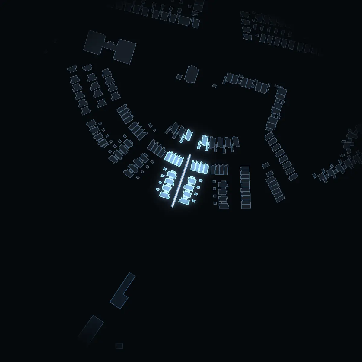 The street at night: Varpgränd drawn in white, its buildings lit in the colour of their area’s income
