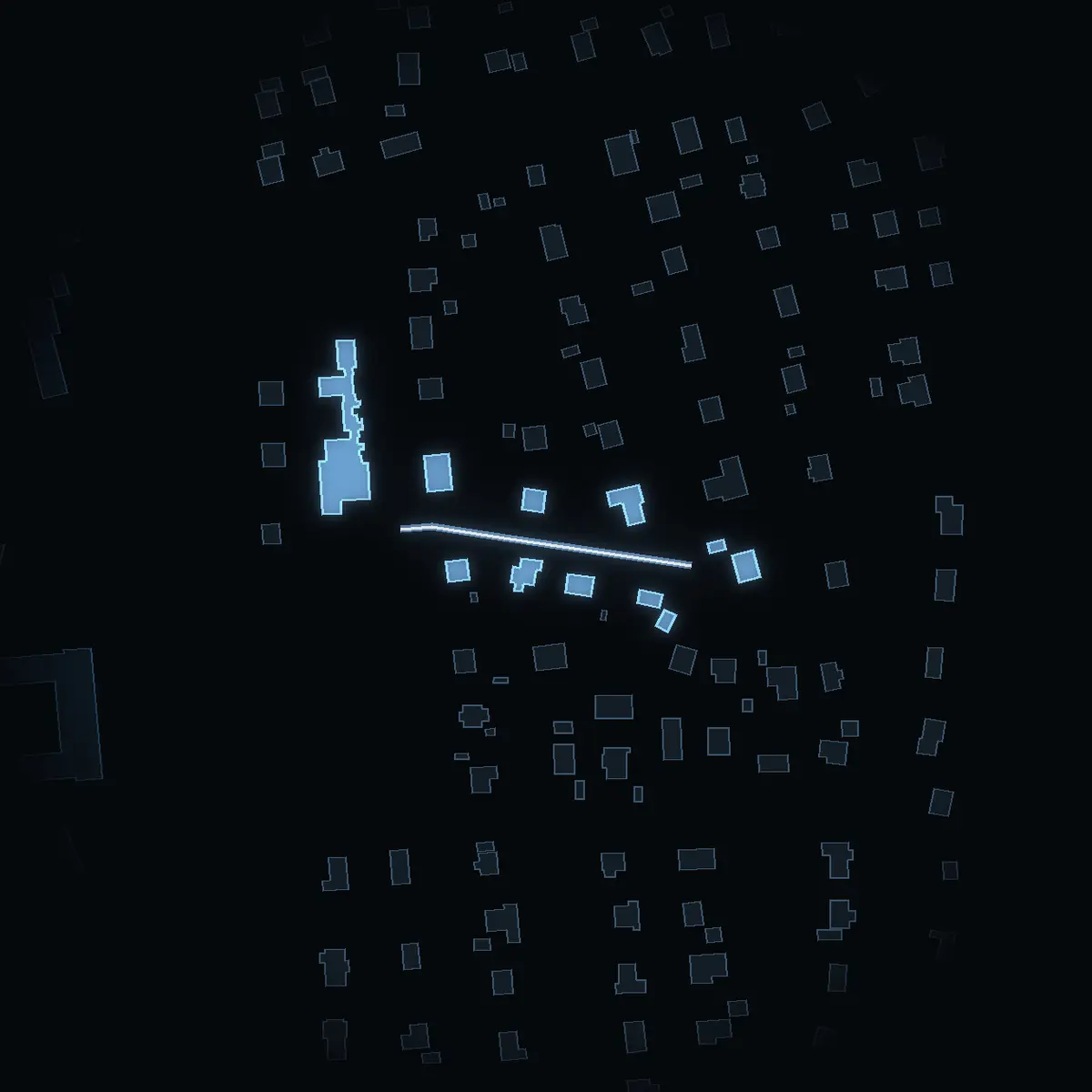 The street at night: Vårvägen drawn in white, its buildings lit in the colour of their area’s income