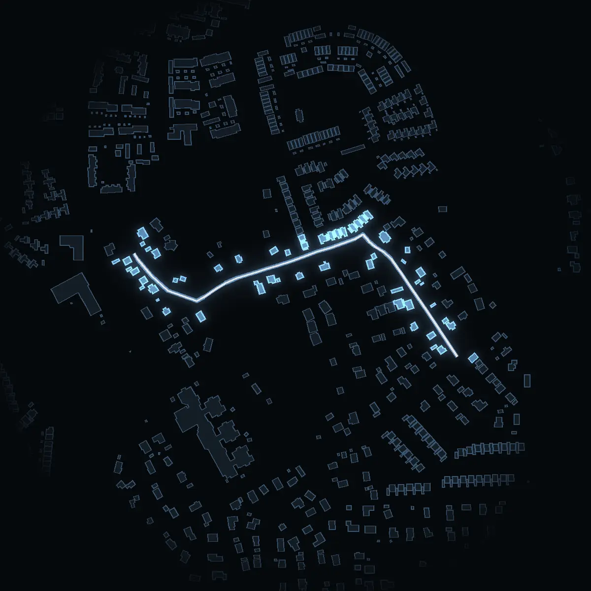 The street at night: Västerled drawn in white, its buildings lit in the colour of their area’s income