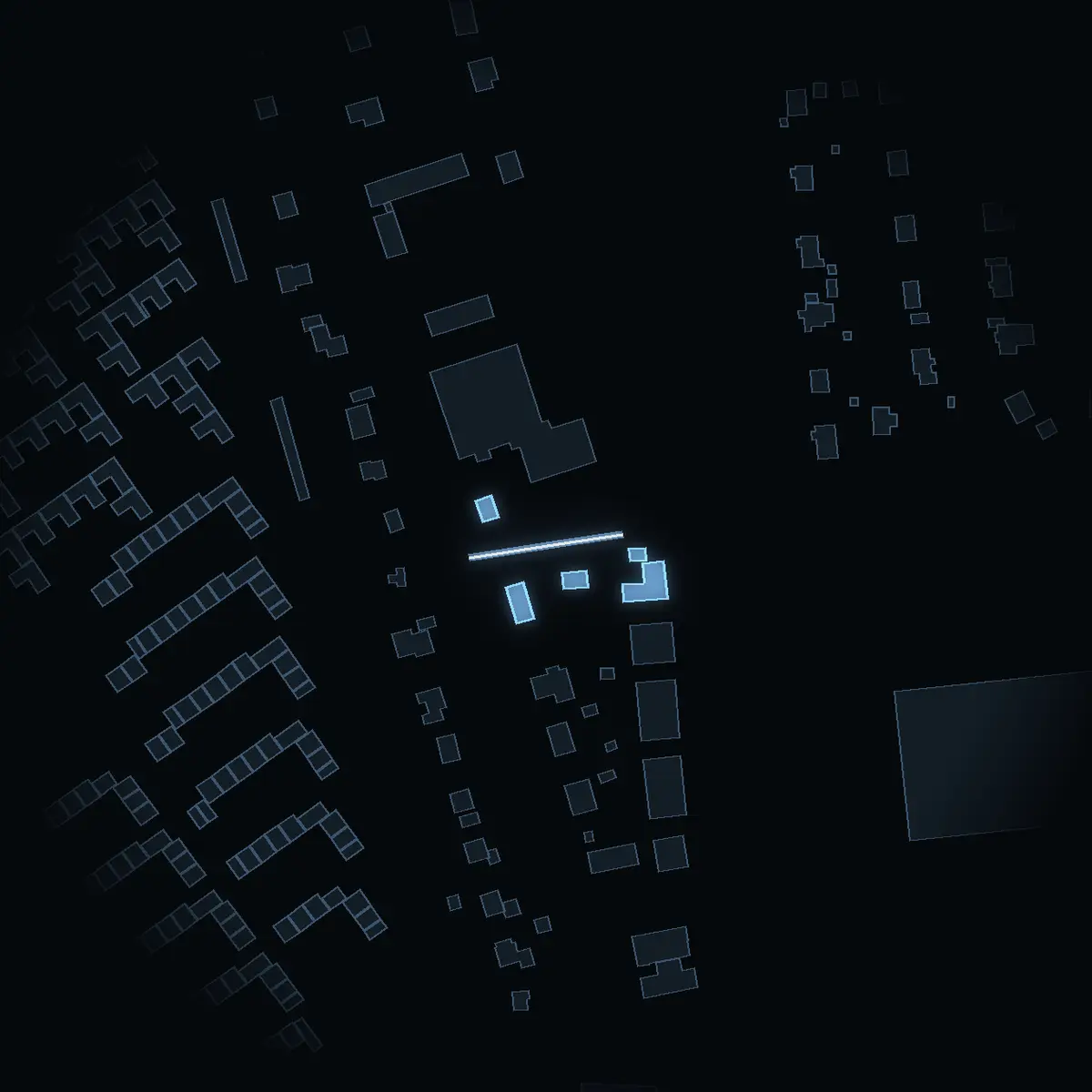 The street at night: Vintervägen drawn in white, its buildings lit in the colour of their area’s income