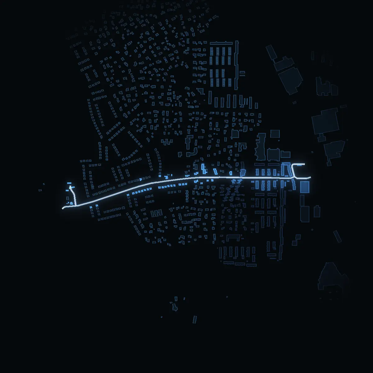 The street at night: Ytterbyvägen drawn in white, its buildings lit in the colour of their area’s income