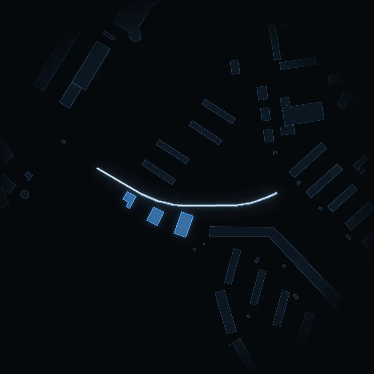 The street at night: Alphyddevägen drawn in white, its buildings lit in the colour of their area’s income