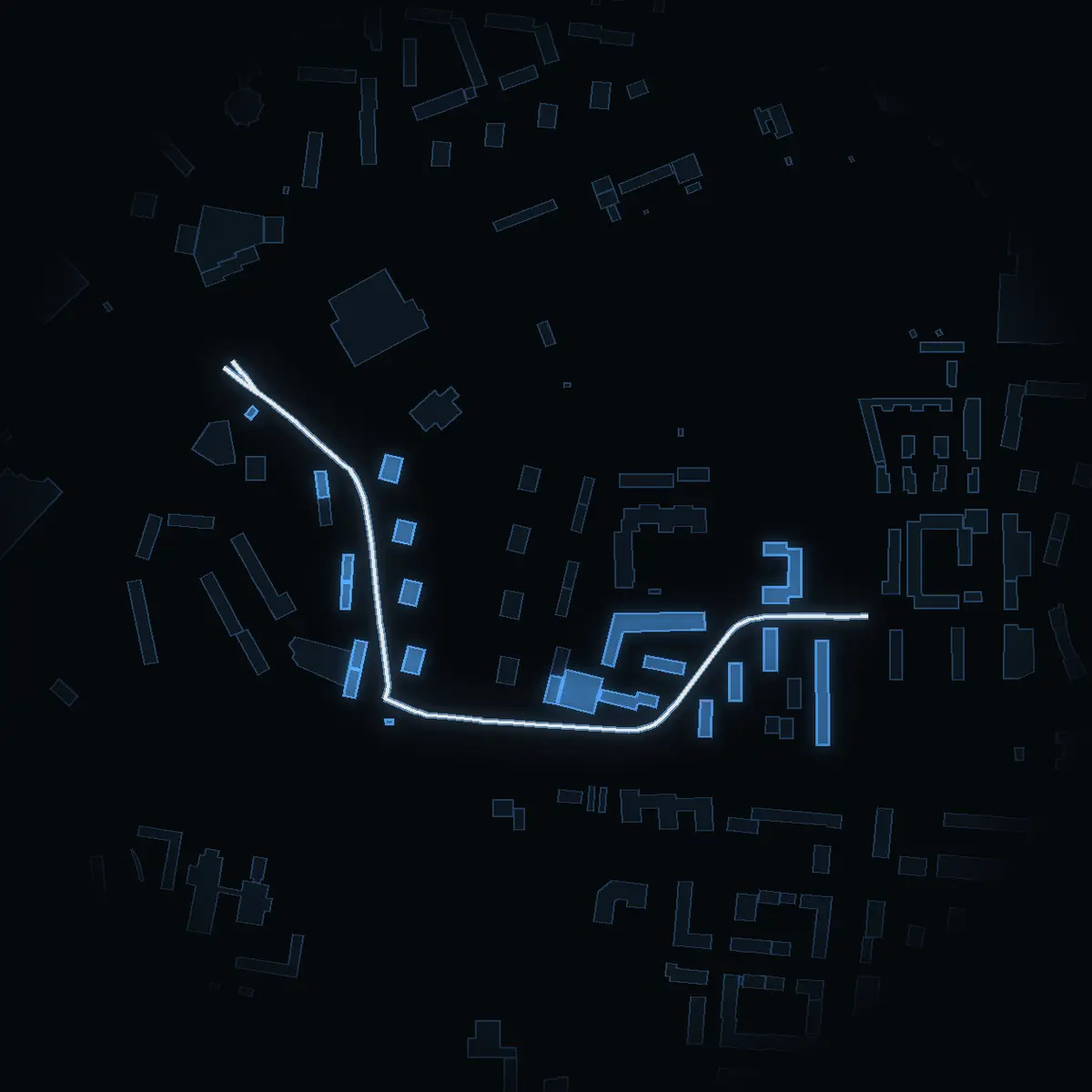 The street at night: Ankdammsgatan drawn in white, its buildings lit in the colour of their area’s income