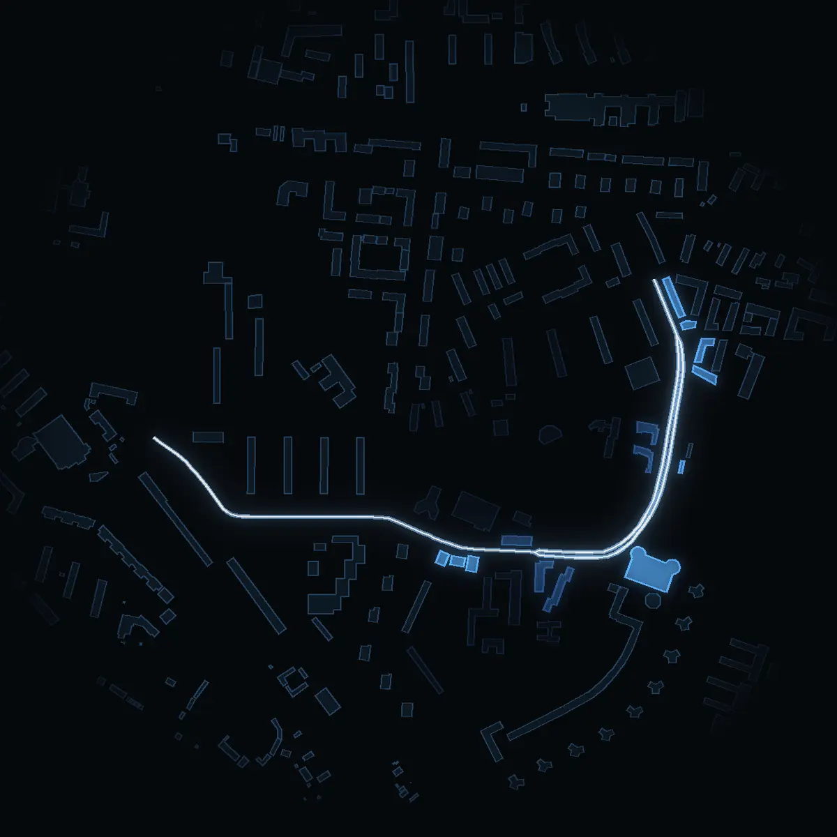 The street at night: Armégatan drawn in white, its buildings lit in the colour of their area’s income