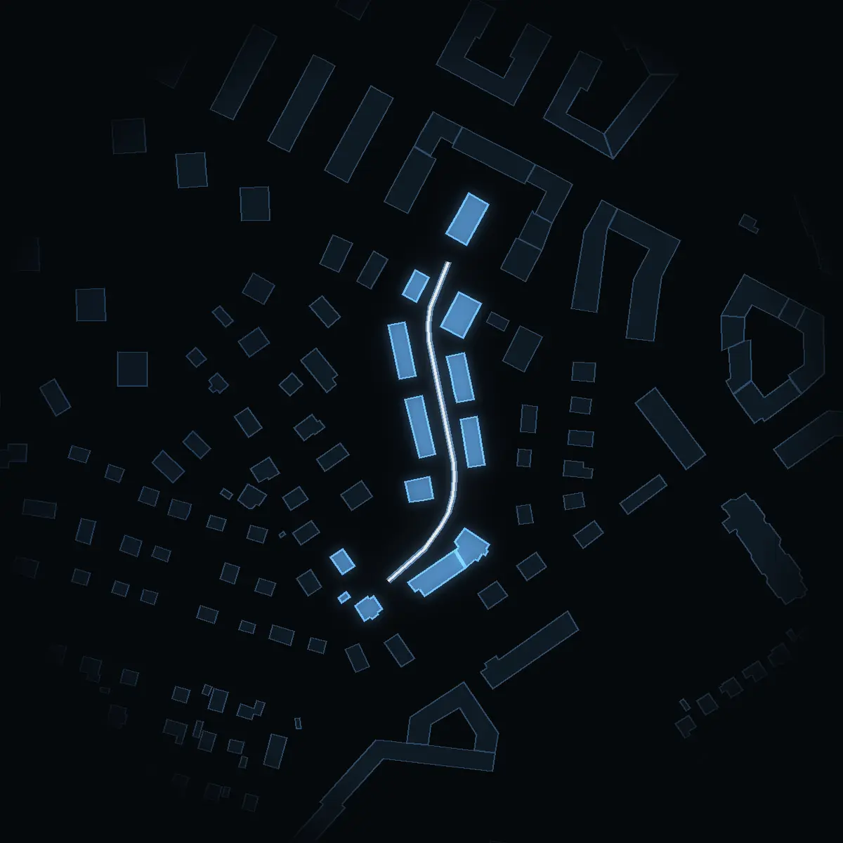 The street at night: Aspstigen drawn in white, its buildings lit in the colour of their area’s income