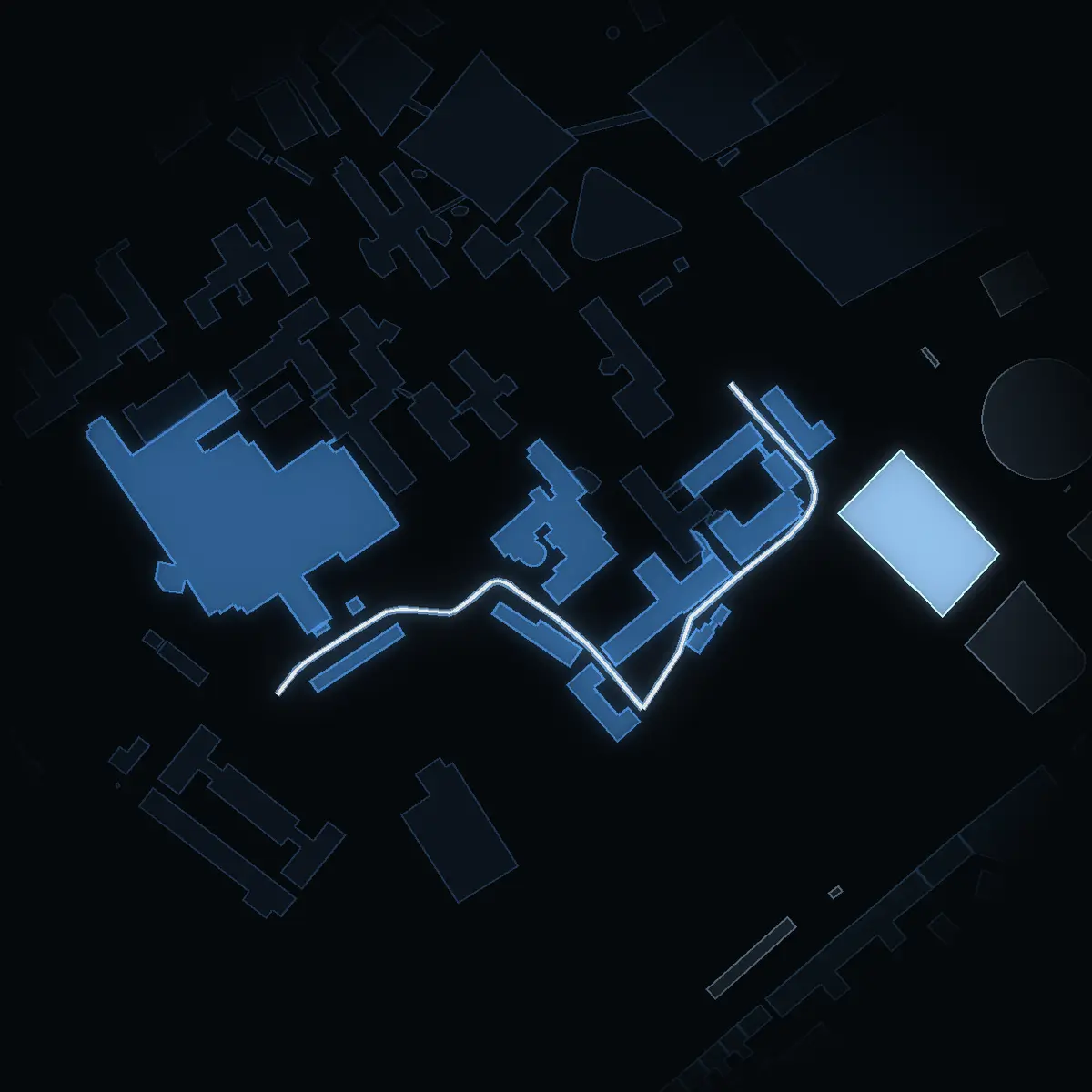 The street at night: Berzelius väg drawn in white, its buildings lit in the colour of their area’s income