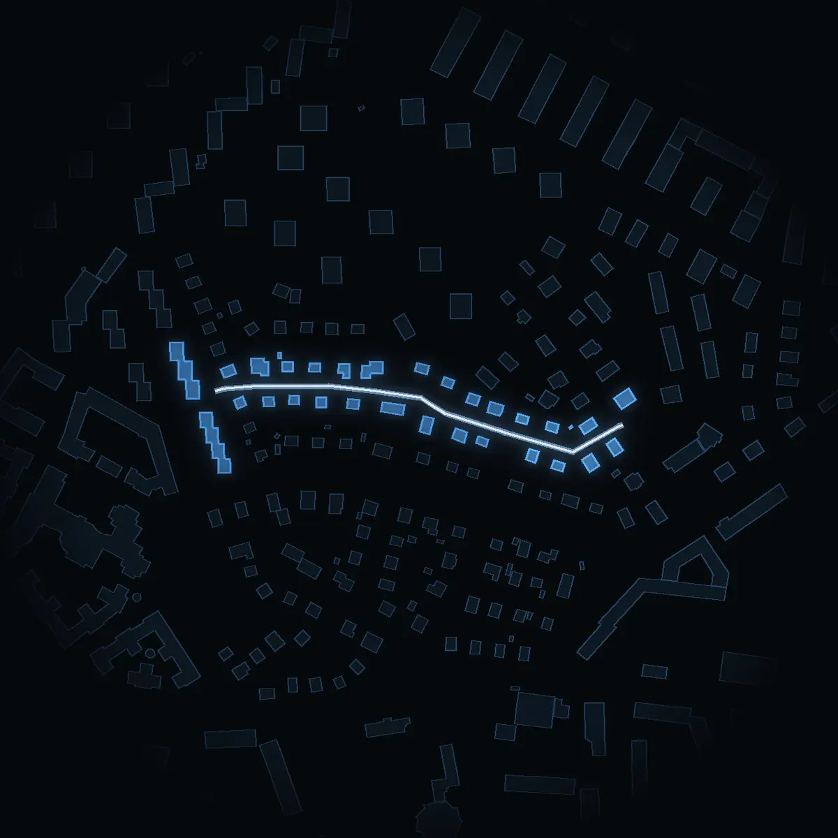 The street at night: Björkvägen drawn in white, its buildings lit in the colour of their area’s income