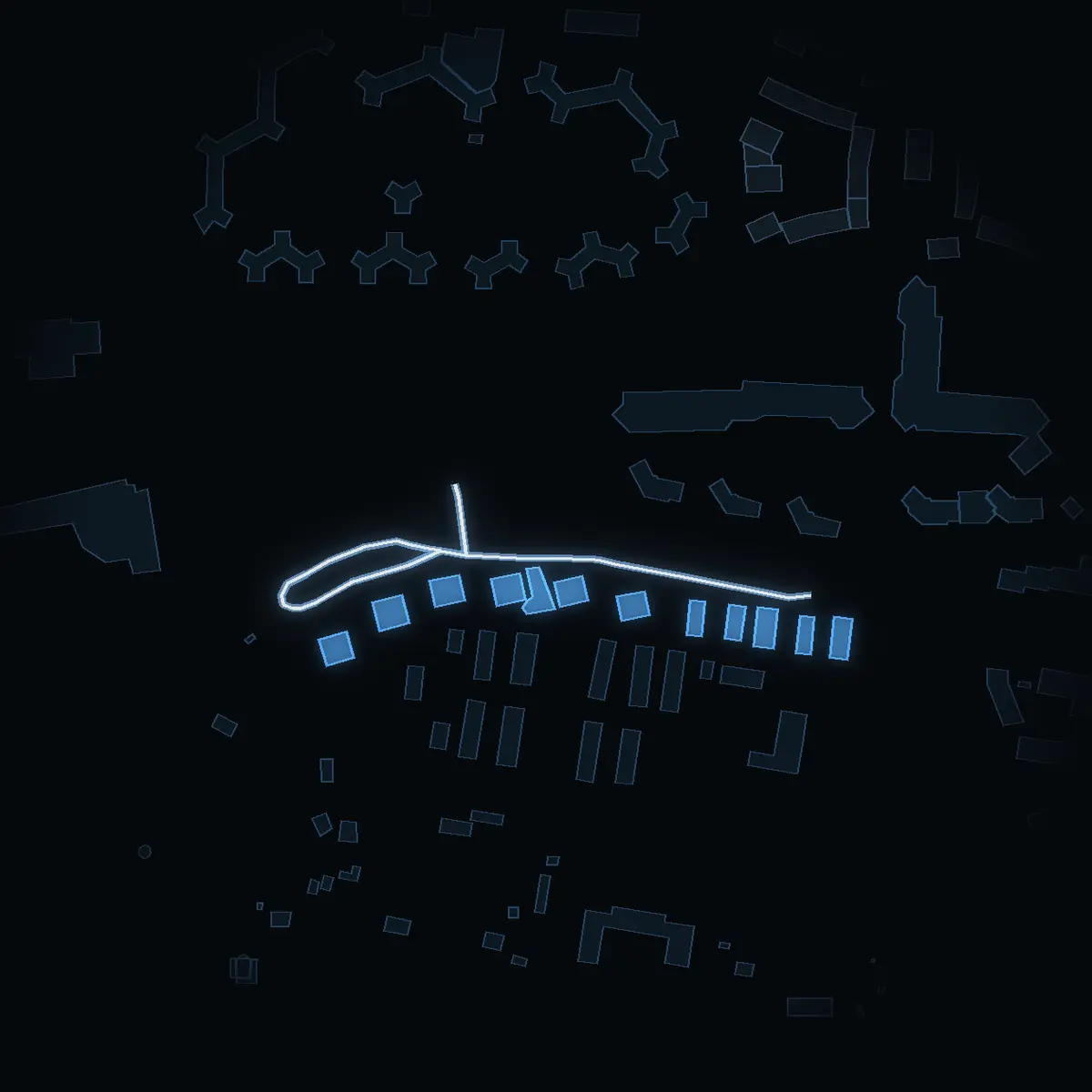The street at night: Carl Malmstens väg drawn in white, its buildings lit in the colour of their area’s income