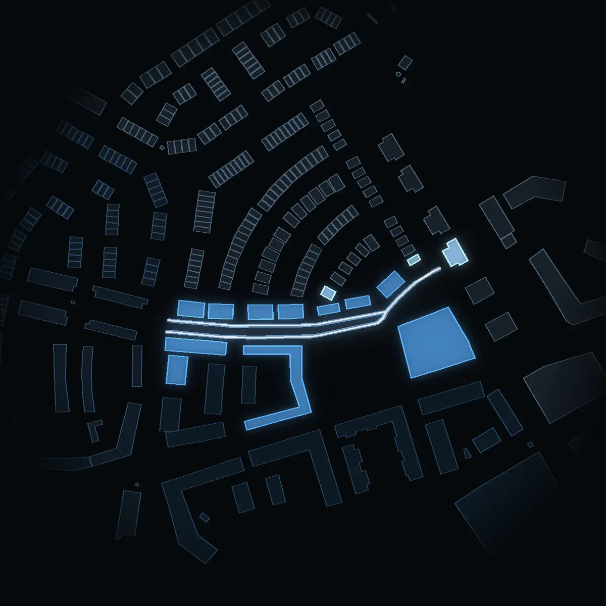 The street at night: Dammtorps Allé drawn in white, its buildings lit in the colour of their area’s income