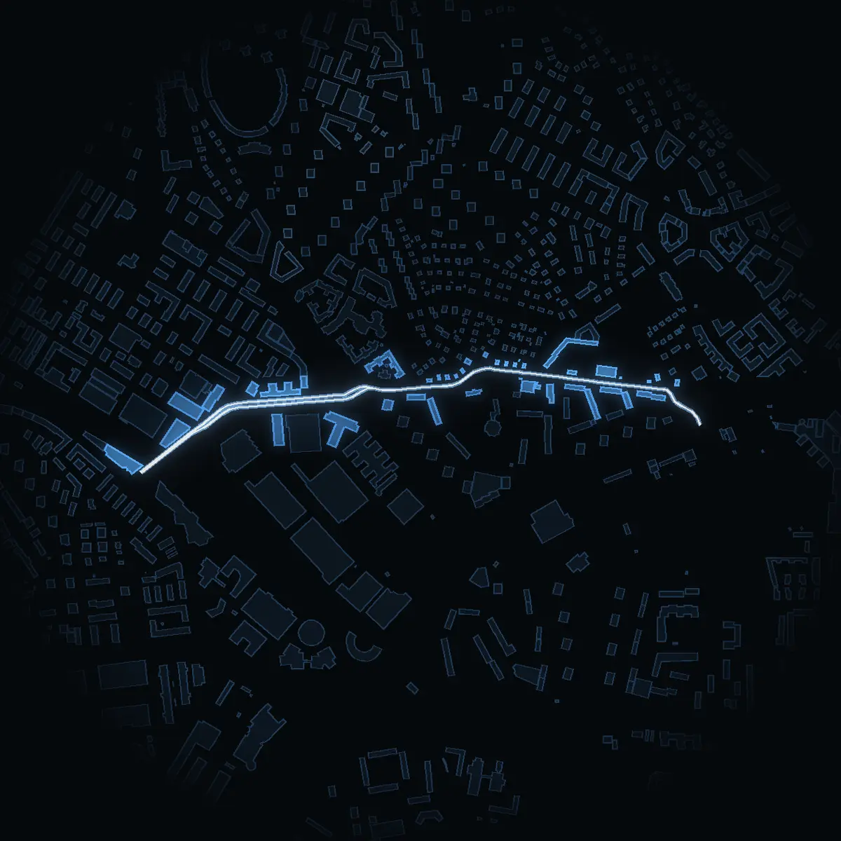 The street at night: Ekensbergsvägen drawn in white, its buildings lit in the colour of their area’s income