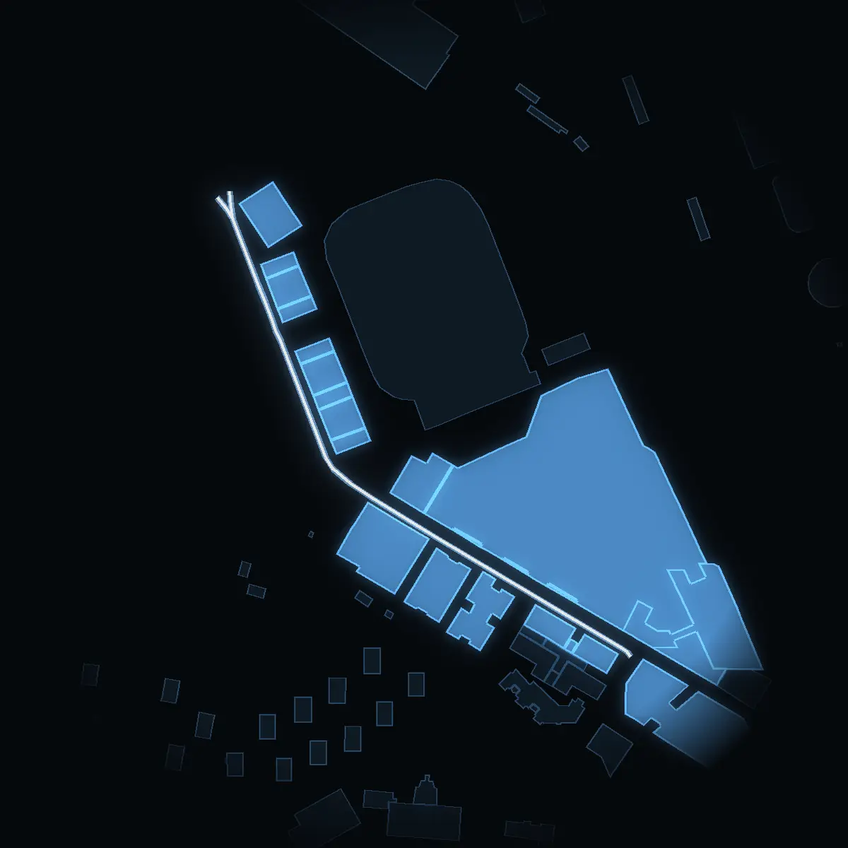 The street at night: Evenemangsgatan drawn in white, its buildings lit in the colour of their area’s income