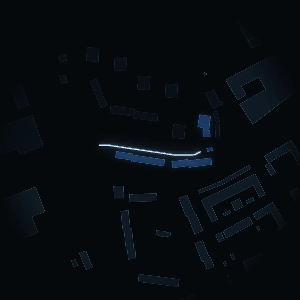 The street at night: Fläderstigen drawn in white, its buildings lit in the colour of their area’s income