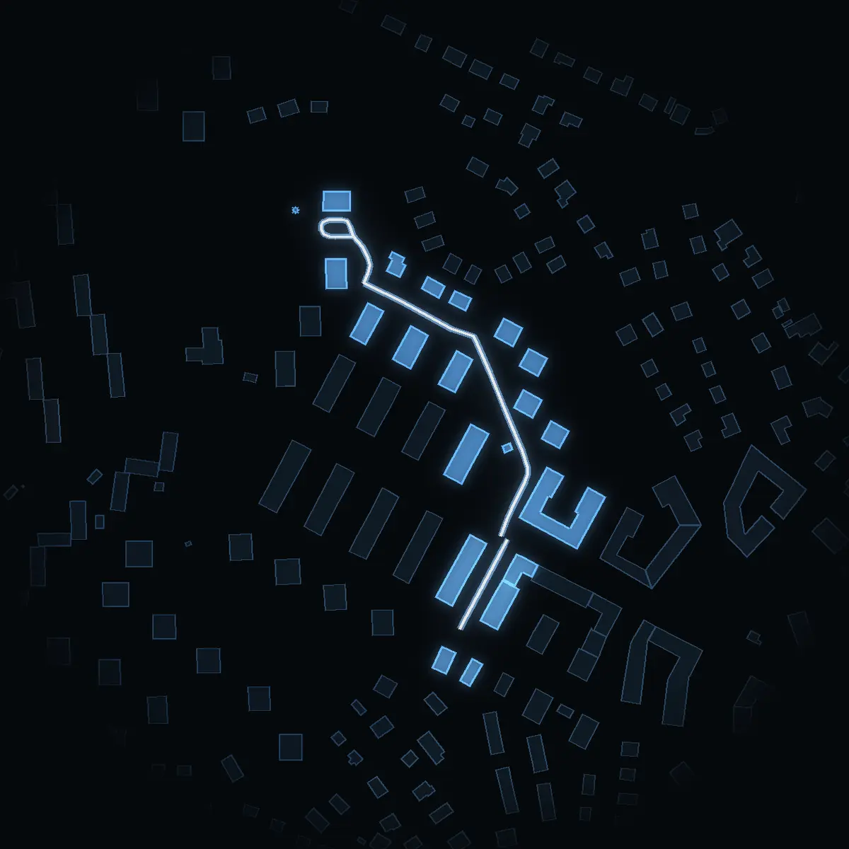 The street at night: Förrådsgatan drawn in white, its buildings lit in the colour of their area’s income