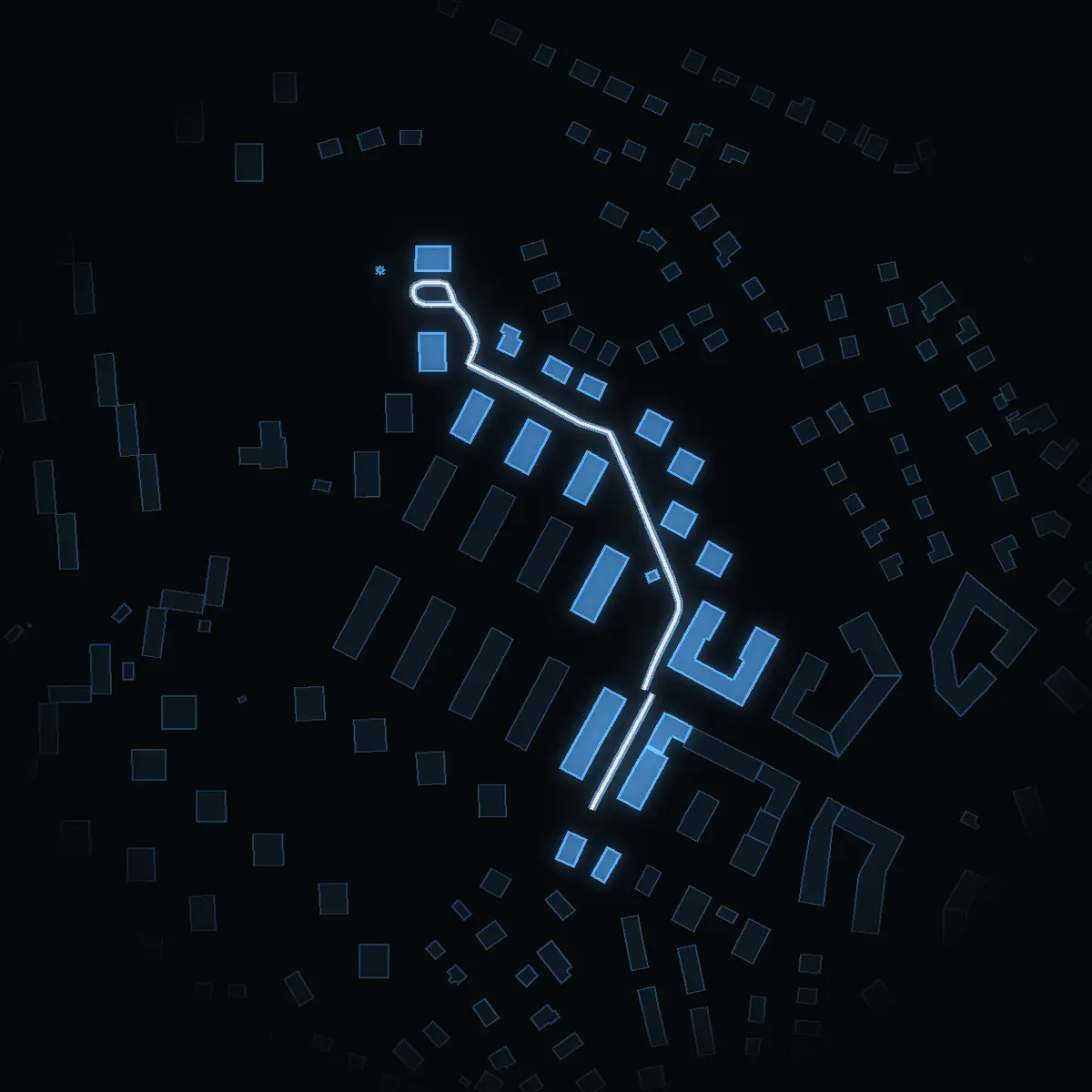 The street at night: Förrådsgatan drawn in white, its buildings lit in the colour of their area’s income