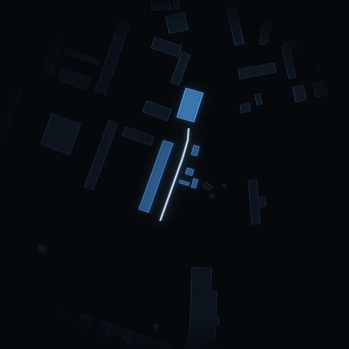 The street at night: Furugatan drawn in white, its buildings lit in the colour of their area’s income