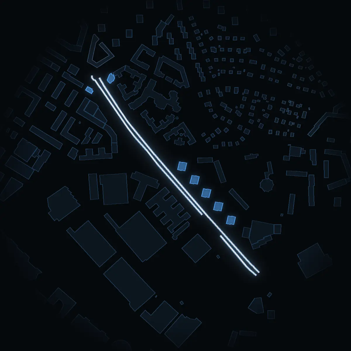 The street at night: Gränsgatan drawn in white, its buildings lit in the colour of their area’s income
