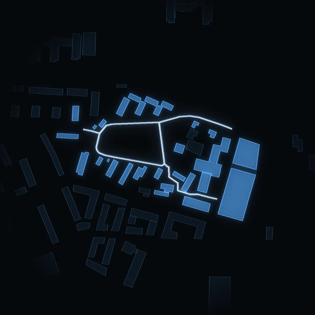 The street at night: Gunnar Asplunds Allé drawn in white, its buildings lit in the colour of their area’s income