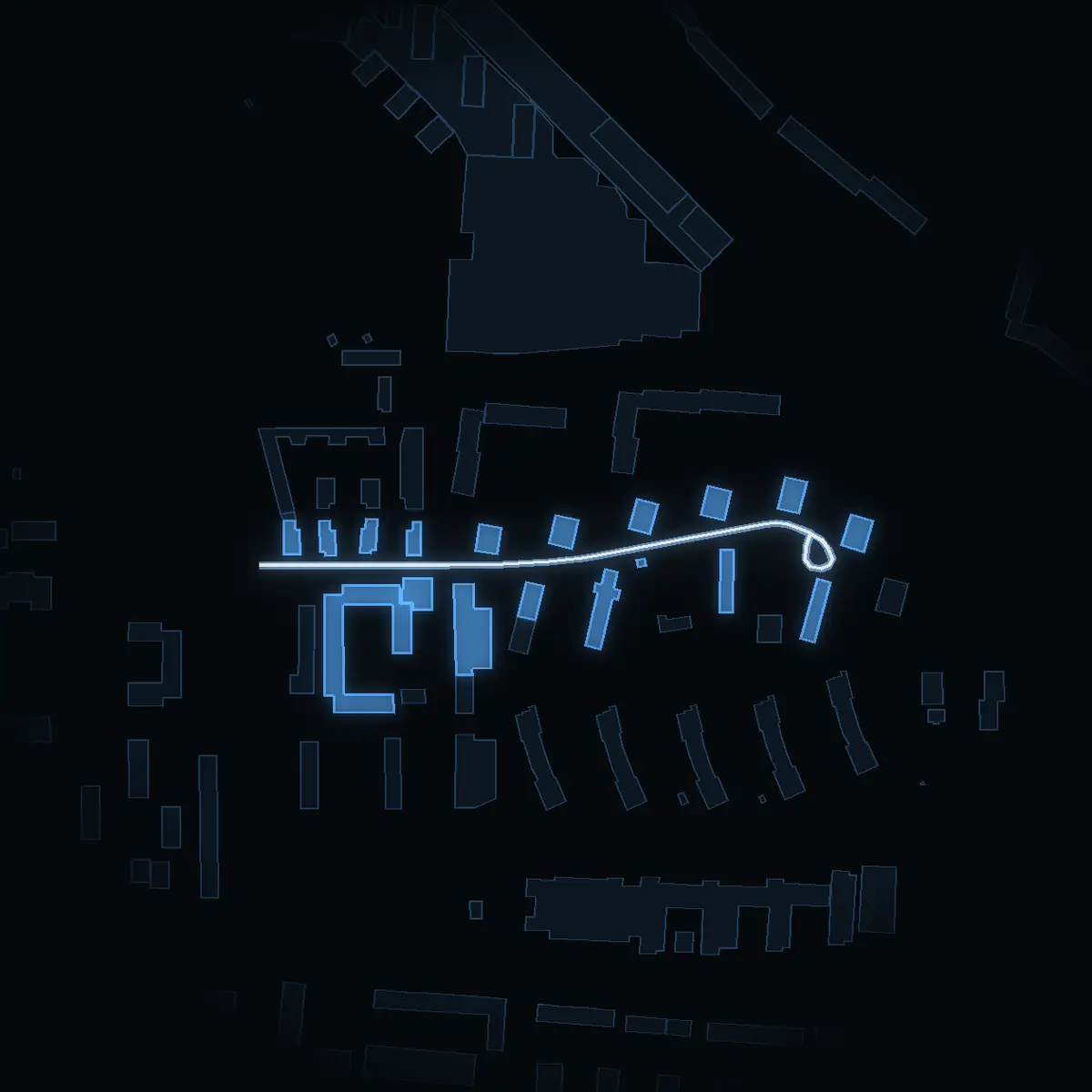 The street at night: Hannebergsgatan drawn in white, its buildings lit in the colour of their area’s income