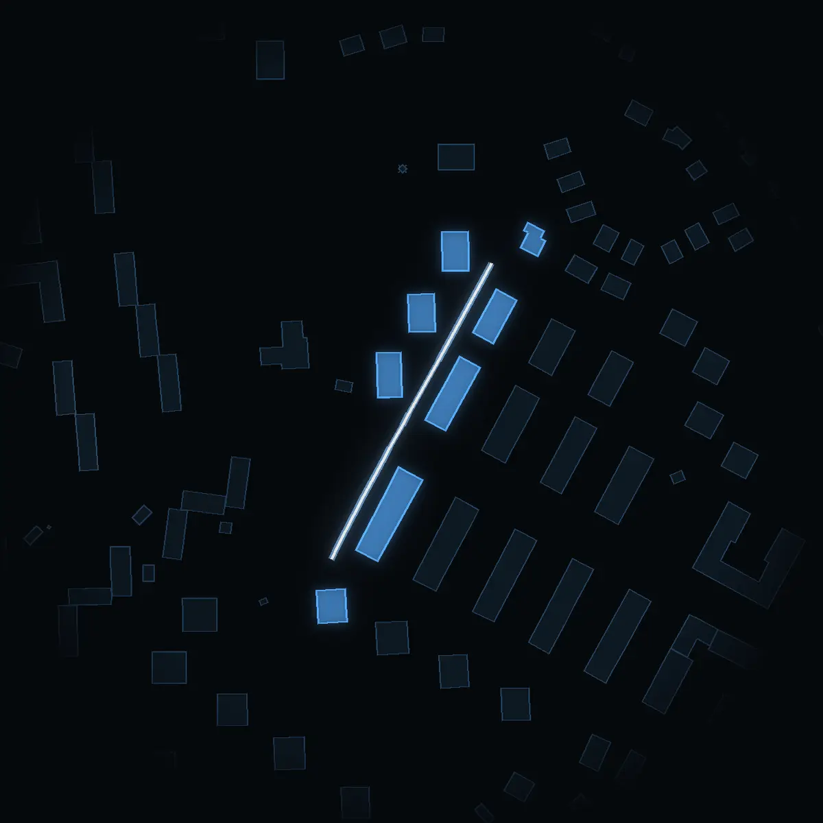 The street at night: Hasselstigen drawn in white, its buildings lit in the colour of their area’s income