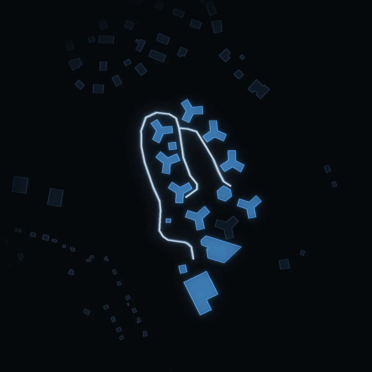 The street at night: Himlabacken drawn in white, its buildings lit in the colour of their area’s income