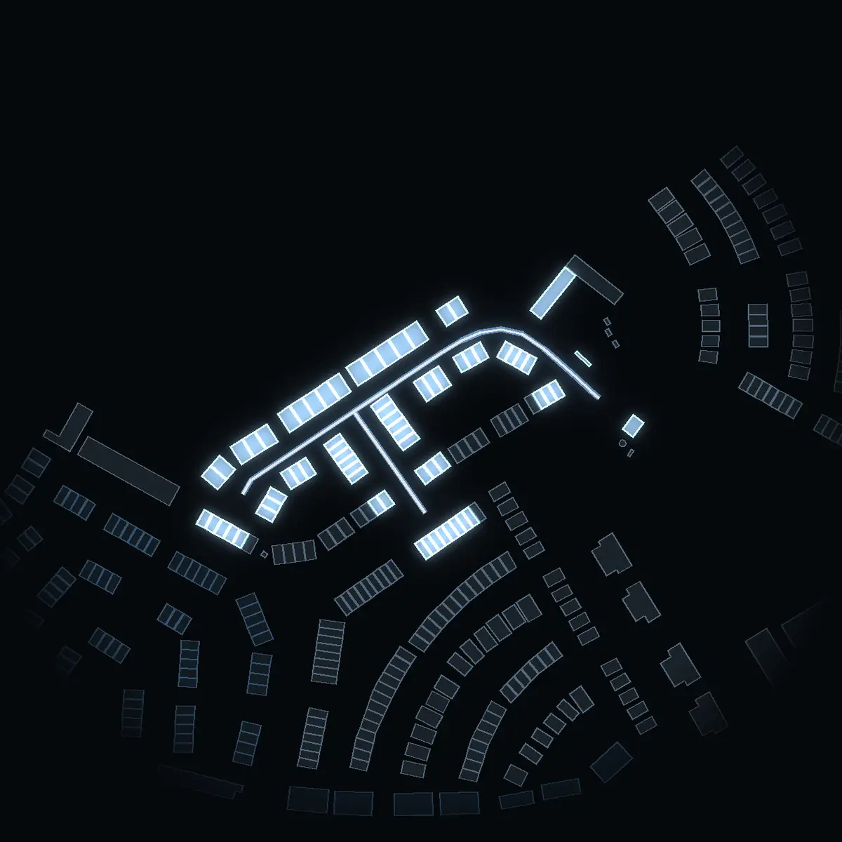The street at night: Igelbacken drawn in white, its buildings lit in the colour of their area’s income