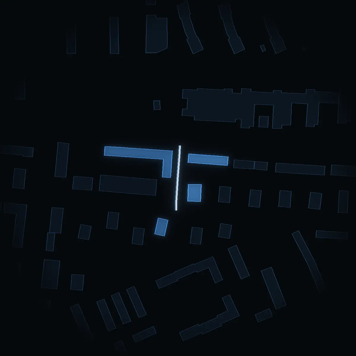 The street at night: Järnvägsgatan (Ingenting) drawn in white, its buildings lit in the colour of their area’s income