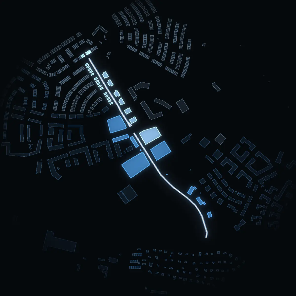 The street at night: Järva skjutbaneväg drawn in white, its buildings lit in the colour of their area’s income