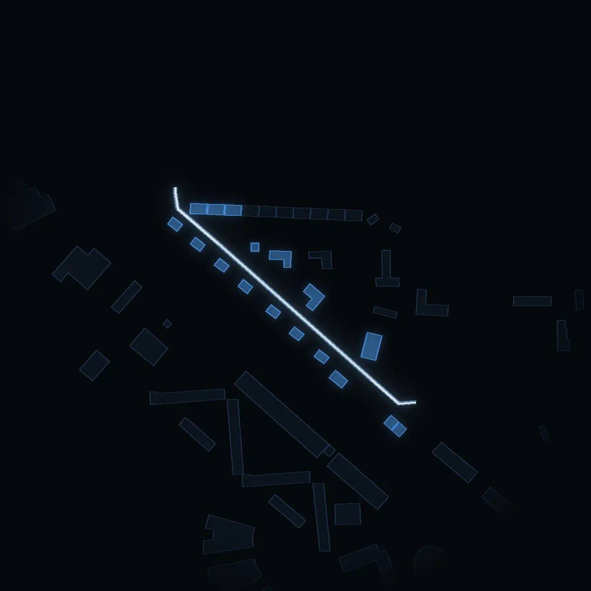 The street at night: Johan Olof Wallins väg drawn in white, its buildings lit in the colour of their area’s income