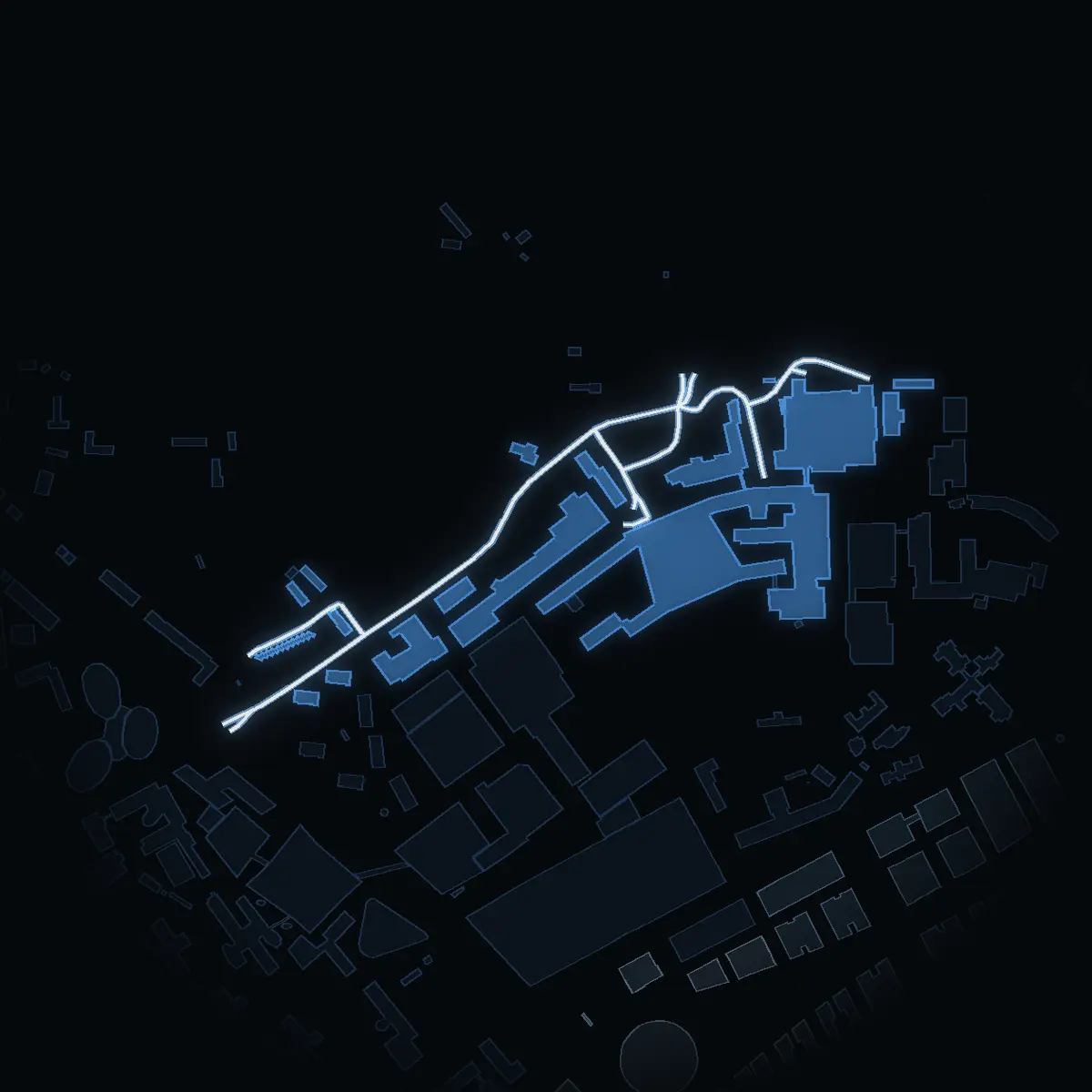 The street at night: Karolinska vägen drawn in white, its buildings lit in the colour of their area’s income