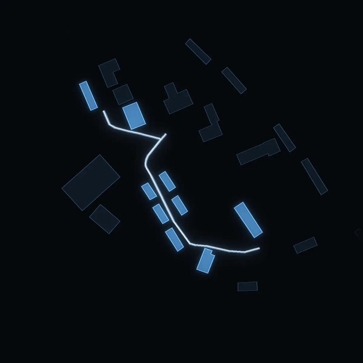 The street at night: Lagvägen drawn in white, its buildings lit in the colour of their area’s income