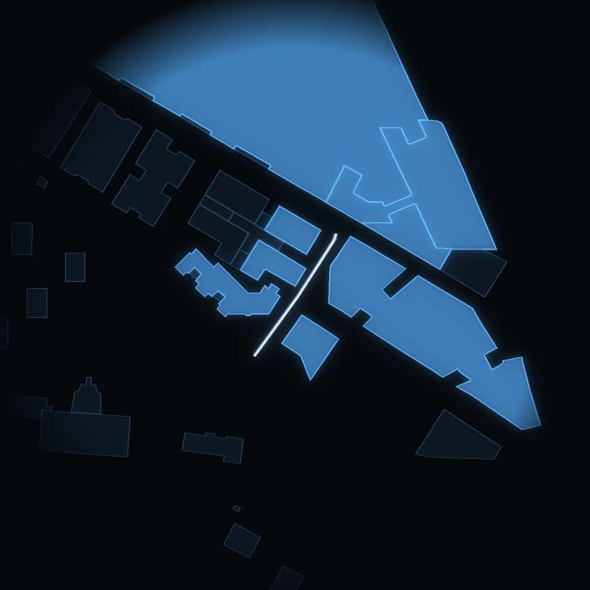 The street at night: Magasinsvägen drawn in white, its buildings lit in the colour of their area’s income