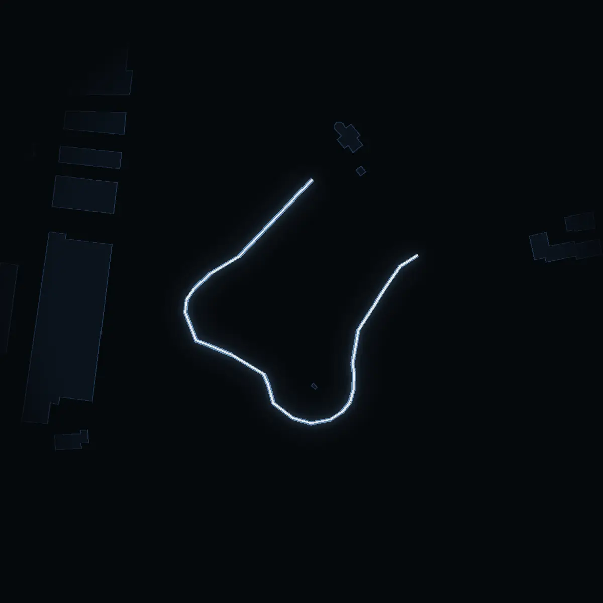 The street at night: Minneslundsvägen drawn in white, its buildings lit in the colour of their area’s income