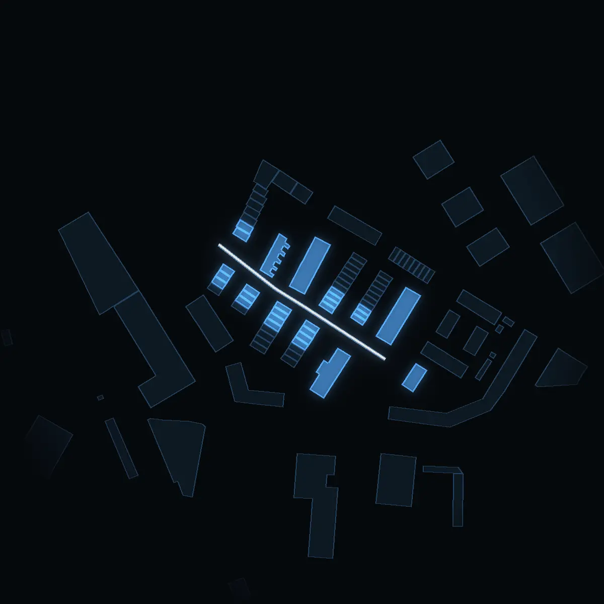 The street at night: Nektargatan drawn in white, its buildings lit in the colour of their area’s income