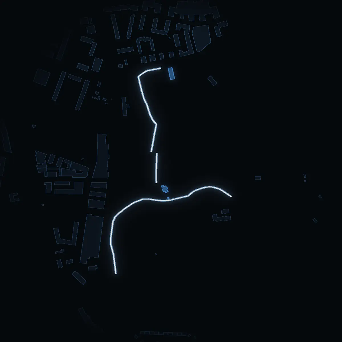 The street at night: Norra Krematoriets väg drawn in white, its buildings lit in the colour of their area’s income
