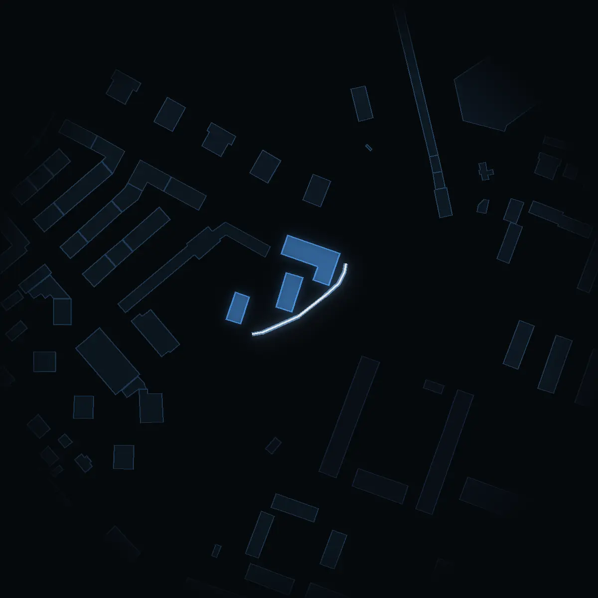 The street at night: Norra vägen drawn in white, its buildings lit in the colour of their area’s income