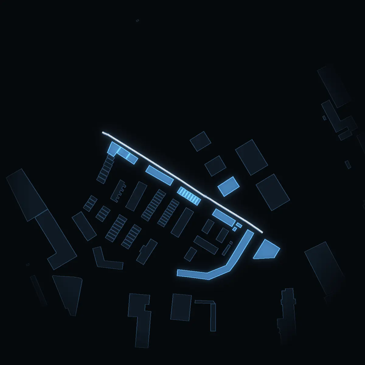 The street at night: Paradgatan drawn in white, its buildings lit in the colour of their area’s income