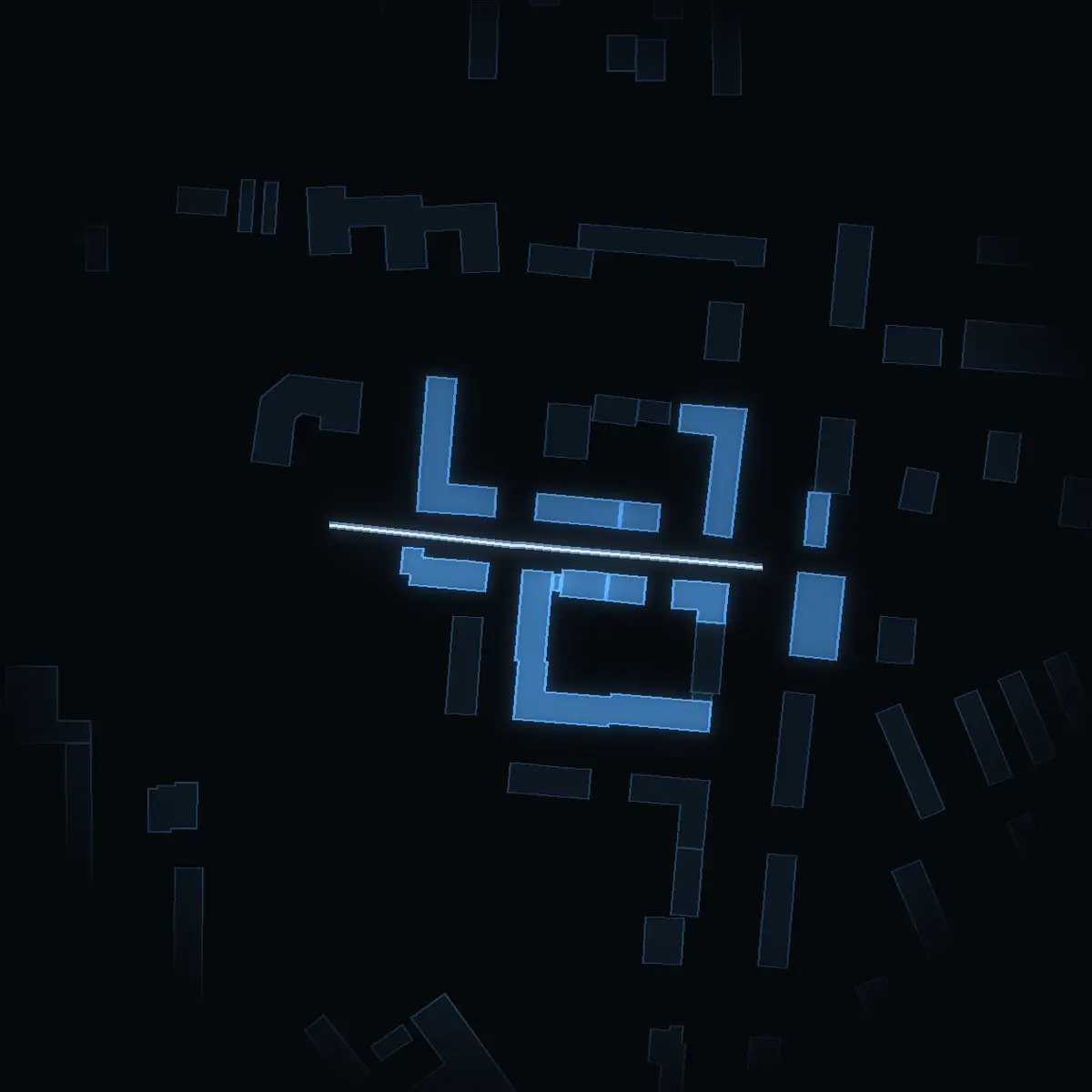 The street at night: Polhemsgatan drawn in white, its buildings lit in the colour of their area’s income