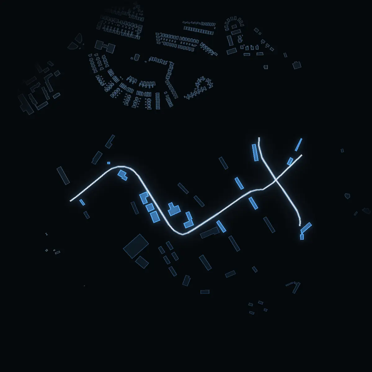 The street at night: Polisvägen drawn in white, its buildings lit in the colour of their area’s income