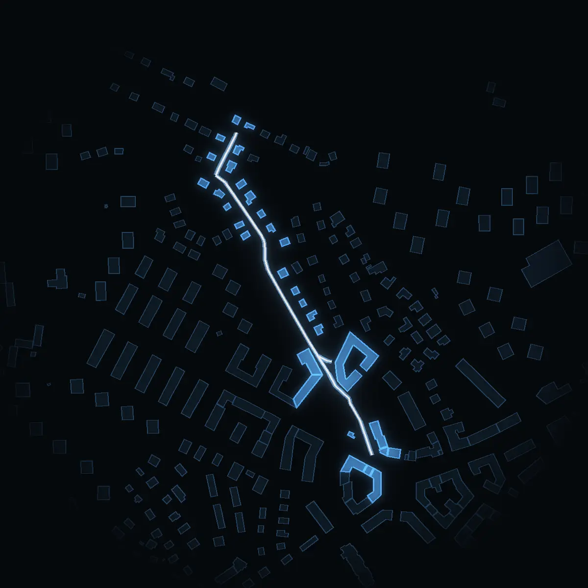 The street at night: Råstavägen drawn in white, its buildings lit in the colour of their area’s income