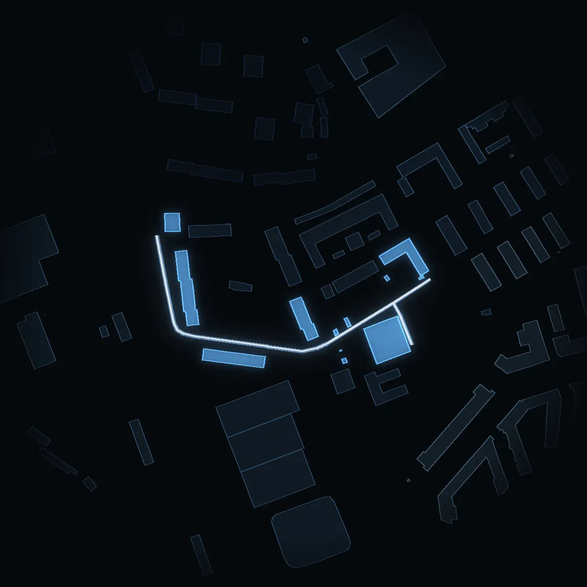 The street at night: Regementsgatan drawn in white, its buildings lit in the colour of their area’s income
