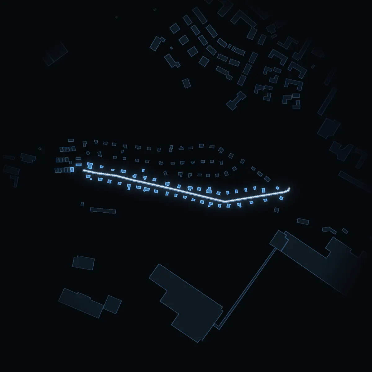 The street at night: Schultzvägen drawn in white, its buildings lit in the colour of their area’s income