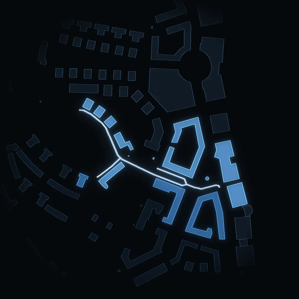 The street at night: Signalistgatan drawn in white, its buildings lit in the colour of their area’s income