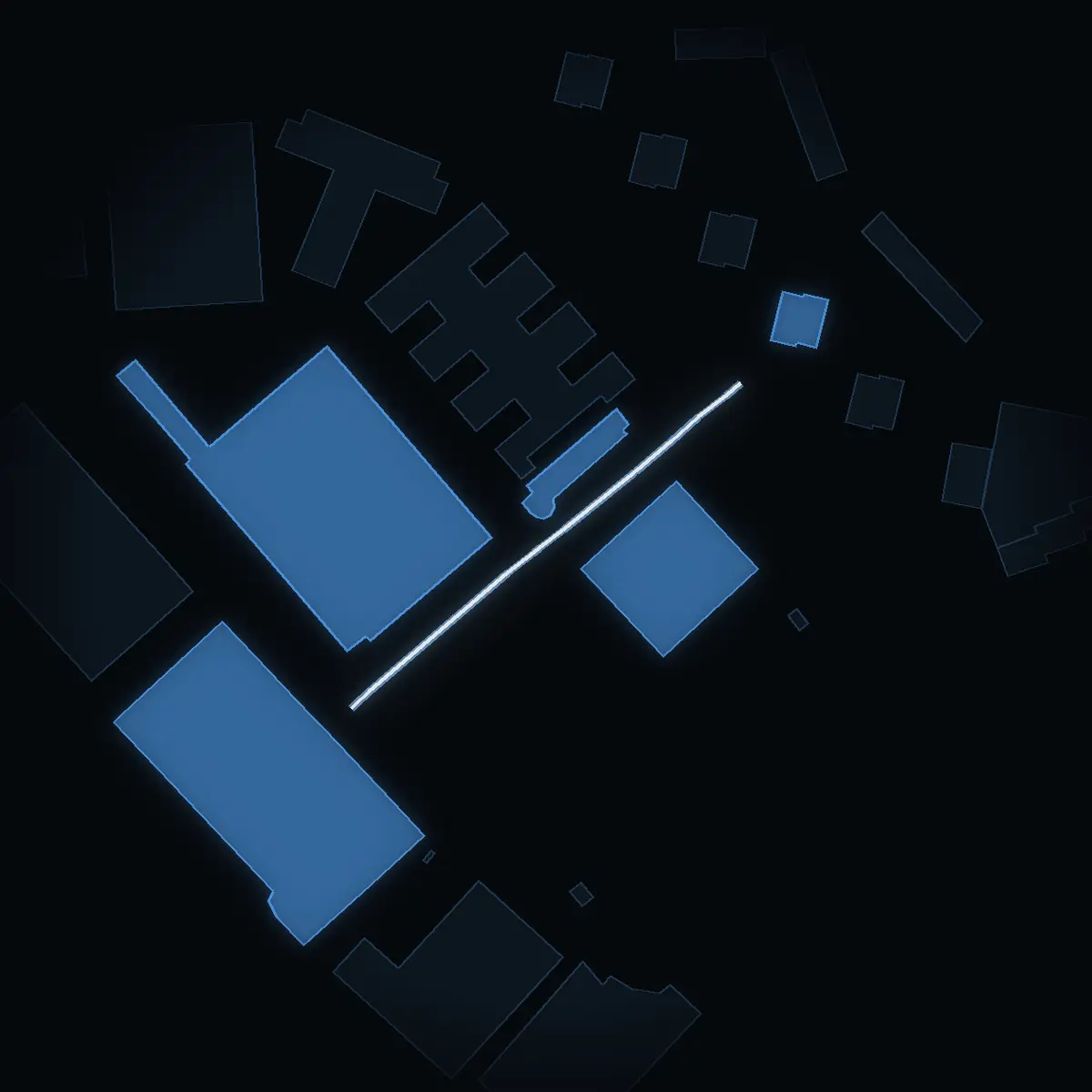 The street at night: Smidesvägen drawn in white, its buildings lit in the colour of their area’s income
