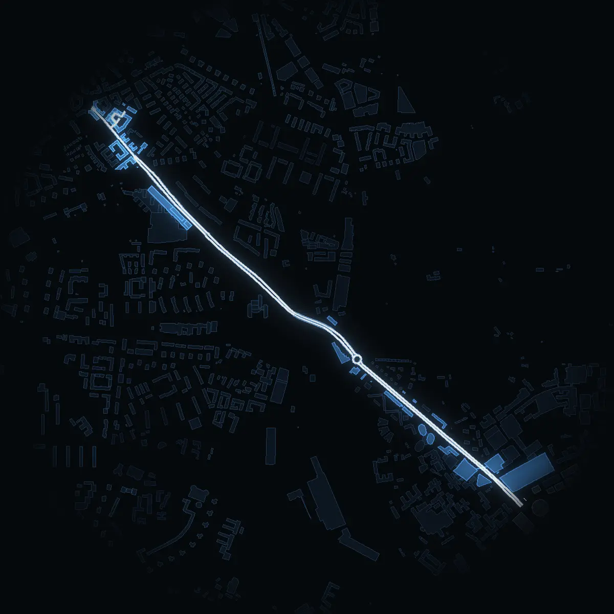 The street at night: Solnavägen drawn in white, its buildings lit in the colour of their area’s income