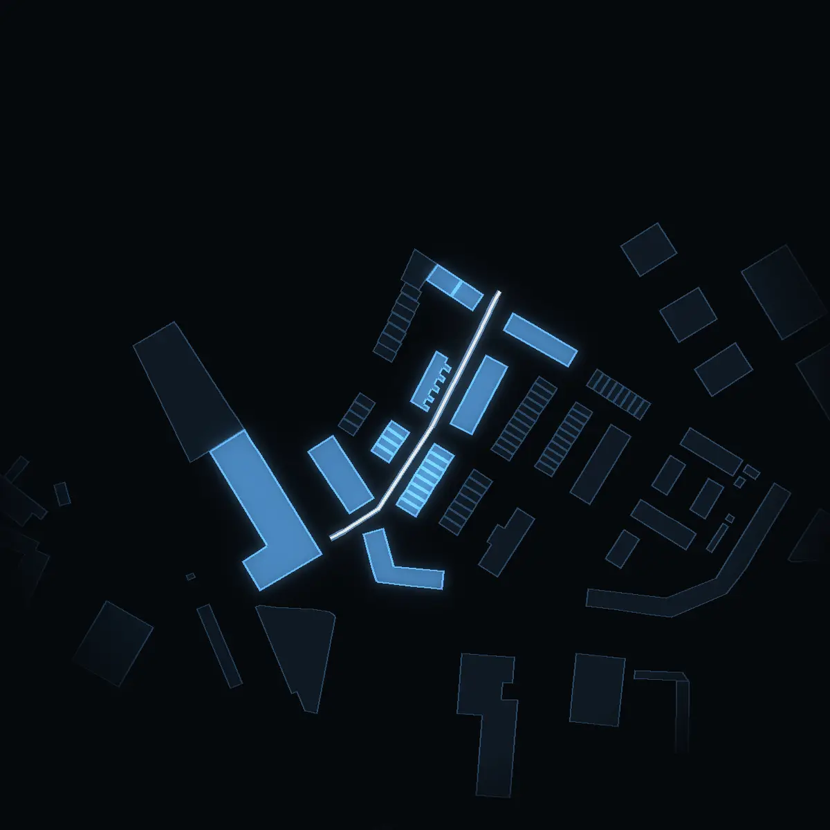 The street at night: Stratosgatan drawn in white, its buildings lit in the colour of their area’s income