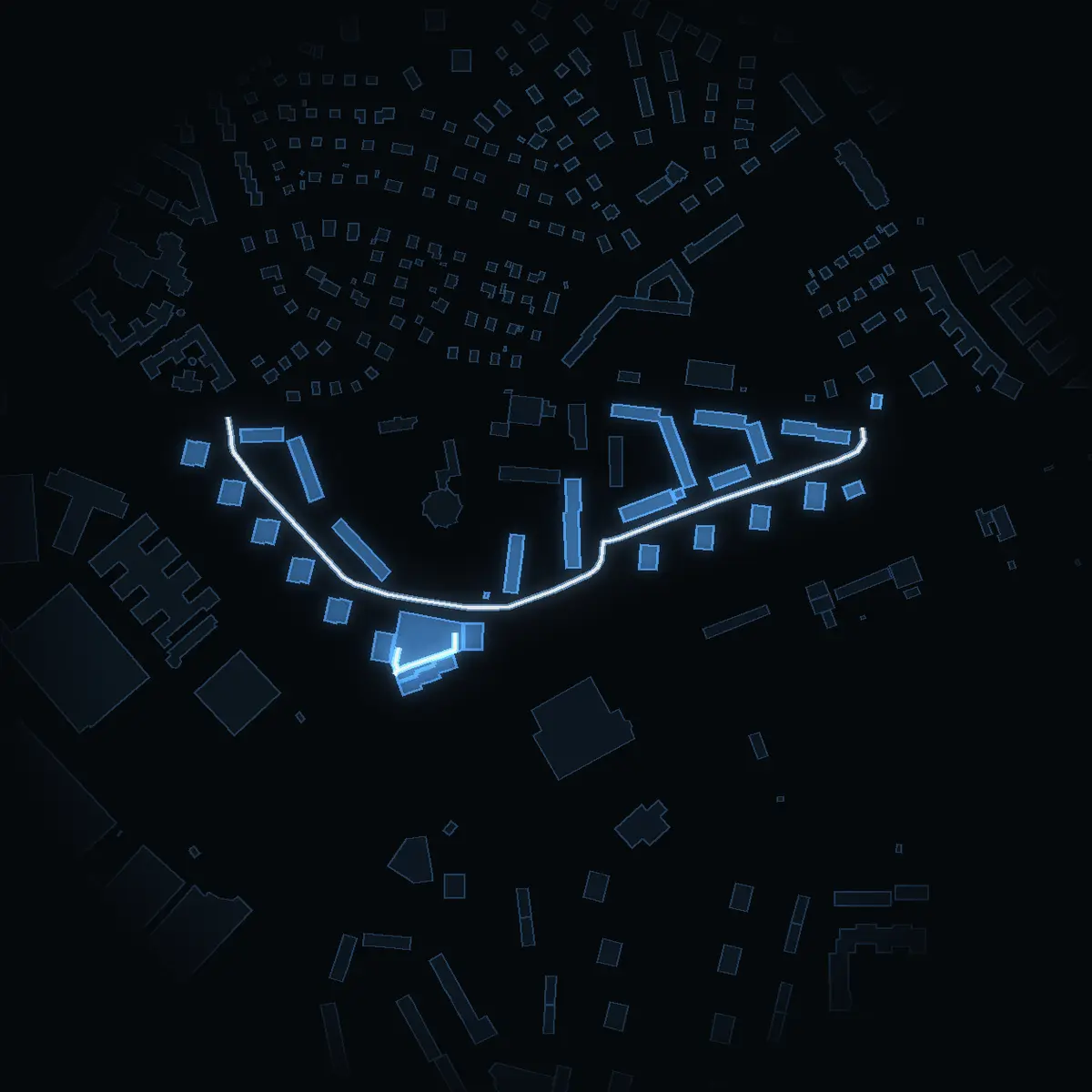 The street at night: Virebergsvägen drawn in white, its buildings lit in the colour of their area’s income